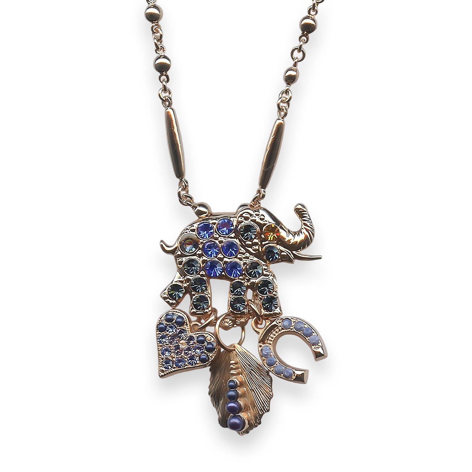 N-5078-2-1026-RG (1) Mariana Necklace Pendant Electra Coll. Elephant & Charms Sapphire, Montana Blue, & Yellow Austrian Crystals - Image 1