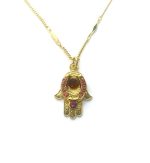 Necklace Pendant By Mariana Firefly Coll. Hamsa in Red, Rose Peach, & Fuchsia Swarovski Crystals