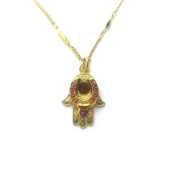 Necklace Pendant By Mariana Firefly Coll. Hamsa in Red, Rose Peach, & Fuchsia Swarovski Crystals