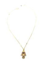 Necklace Pendant By Mariana Firefly Coll. Hamsa in Red, Rose Peach, & Fuchsia Swarovski Crystals - Image 2