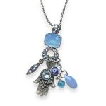 Mariana Necklace Pendant Periwinkle Cocktail Hour Coll. Hamsa & Charms Frosted Blue, Aqua Blue, Pale Blue, & AB Austrian Crystals