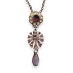 Mariana Necklace Pendant Bohemian Rhapsody Coll. Floral Dangling Amethyst, Sand Opal, Aurum, & Cyclamen Opal Austrian Crystals