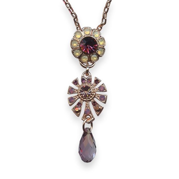 Mariana Necklace Pendant Bohemian Rhapsody Coll. Floral Dangling Amethyst, Sand Opal, Aurum, & Cyclamen Opal Austrian Crystals