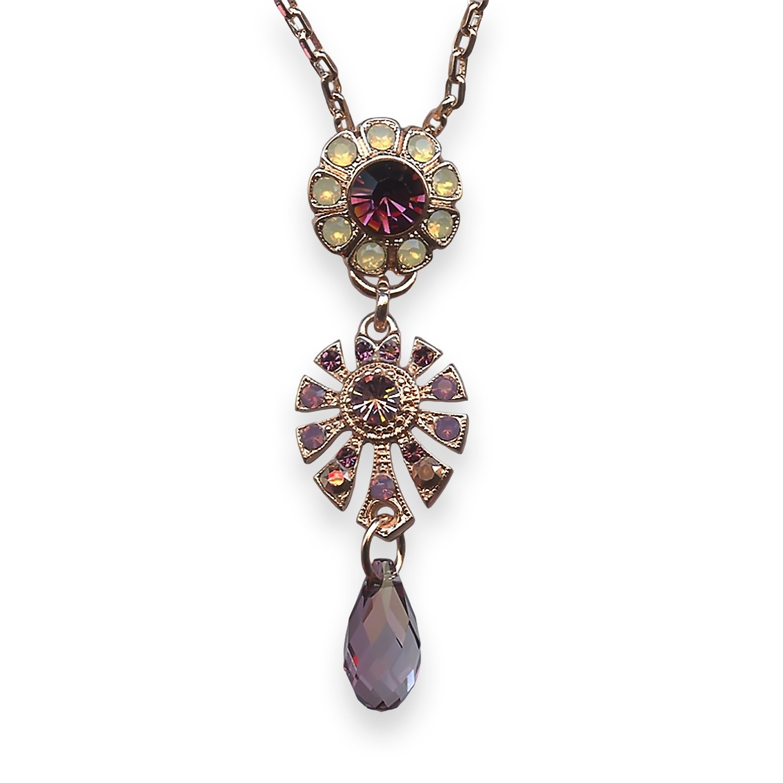 N-5514-4-1072-RG (1) Mariana Necklace Pendant Bohemian Rhapsody Coll. Floral Dangling Amethyst, Sand Opal, Aurum, & Cyclamen Opal Austrian Crystals - Image 1