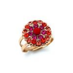 Ring By Mariana My Treasures Coll. Floral in Red Coral and Fuchsia Swarovski Crystals - Image 2