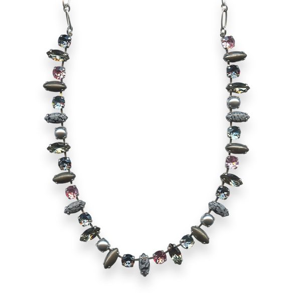 Necklace by Mariana Madagascar Coll. Elegant Snowflake Obsidian Mineral, Denim Blue, Silver Night, Pearl, & Lt Rose Austrian Crystals