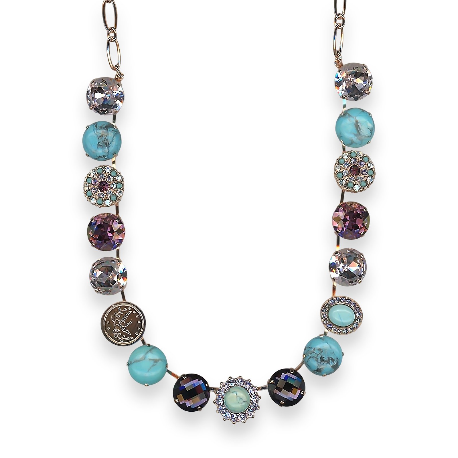 N-3195-2-M1107-RG (1) Necklace by Mariana St Lucia Coll. Luxurious Howlite Chinese Turq Mineral, Old Rose, Black Diamond & Clear Austrian Crystal - Image 1