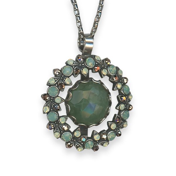 Necklace Pendant by Mariana Evergreen Coll. Elegant Jade Olive Mineral, Chrysolite Opal, Pacific Opal, & Rose Gold Austrian Crystals