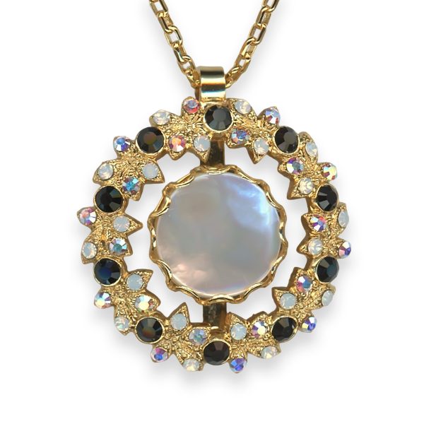 Necklace Pendant by Mariana Peace Coll. Exquisite White Shell Mineral, Jet, White Opal, & AB Austrian Crystals