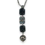 Necklace Pendant by Mariana Frost Coll. Grey Chalcedony Mineral, Montana, Lt Turq, & Clear Austrian Crystals