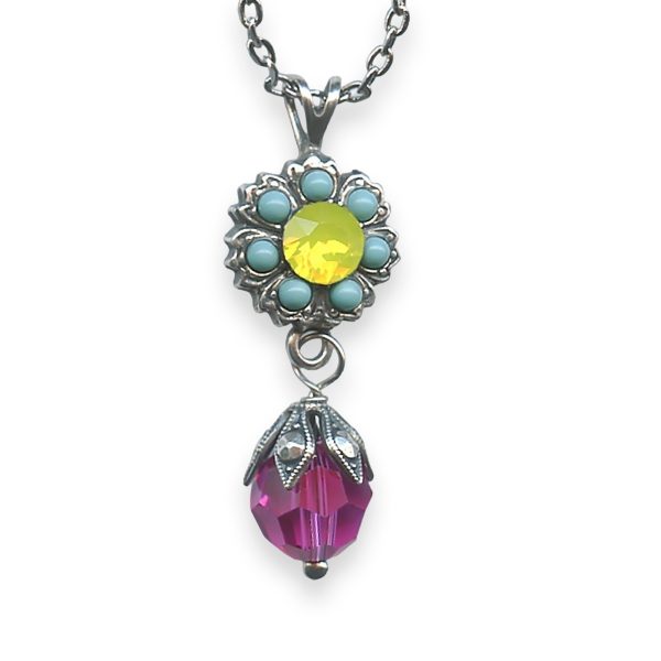 Necklace Pendant by Mariana Cuba Coll. Sassy Yellow Opal, Turq, & Fuchsia Austrian Crystals