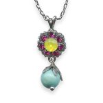 Necklace Pendant by Mariana Masai Coll. Floral Turq Mineral, Yellow Opal, & Fuchsia Austrian Crystals