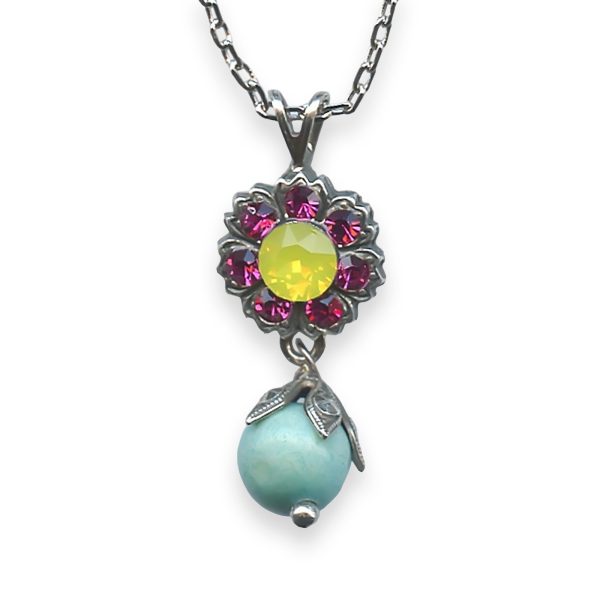 Necklace Pendant by Mariana Masai Coll. Floral Turq Mineral, Yellow Opal, & Fuchsia Austrian Crystals