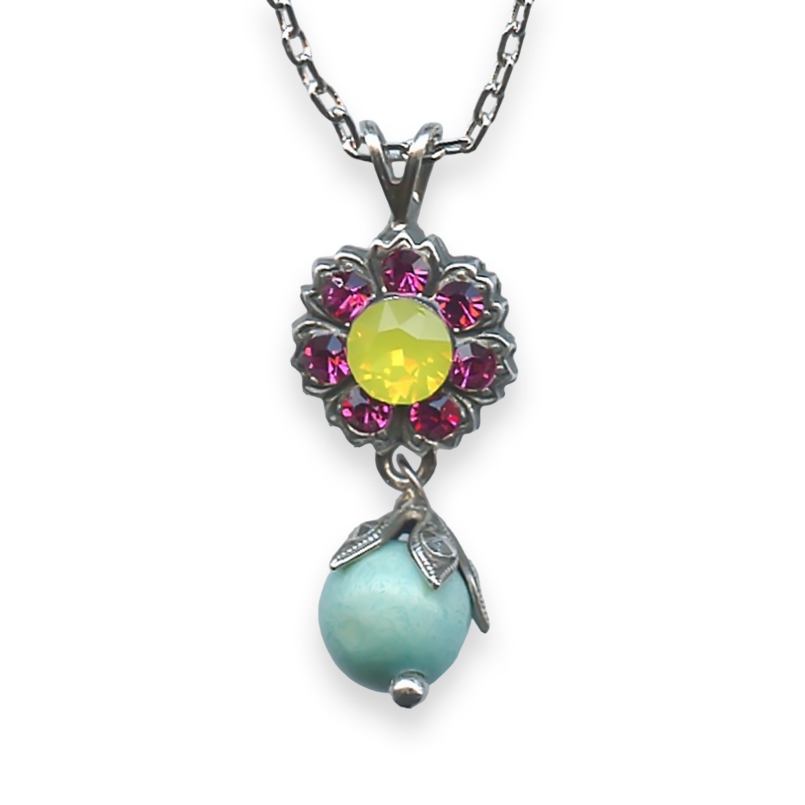 N-5074-2-M1077-SP (1) Necklace Pendant by Mariana Masai Coll. Floral Turq Mineral, Yellow Opal, & Fuchsia Austrian Crystals - Image 1