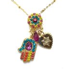 Necklace Pendant By Mariana Hamsa Fuchsia and And Coral Swarovski Crystals