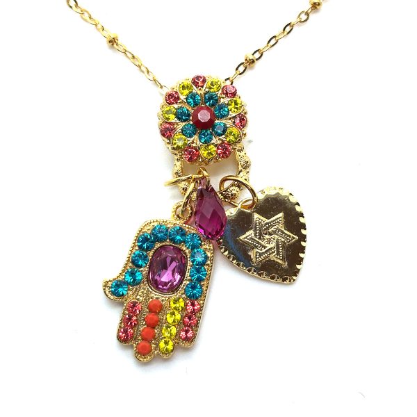 Necklace Pendant By Mariana Hamsa Fuchsia and And Coral Swarovski Crystals