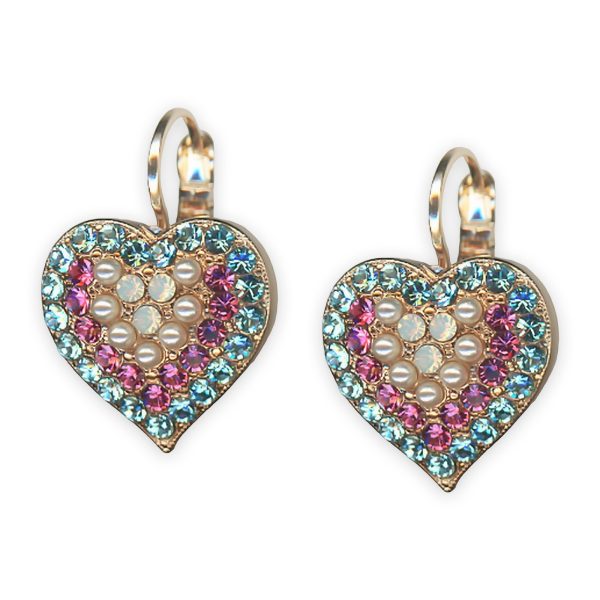 Earrings by Mariana Banana Split Coll. Heart Encrusted Aquamarine, Rose, Coated Pearl, & White Opal Austrian Crystals