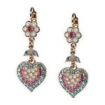 Earrings by Mariana Banana Split Coll. Heart Dangling Aquamarine, Rose, Coated Pearl, & White Opal Austrian Crystals