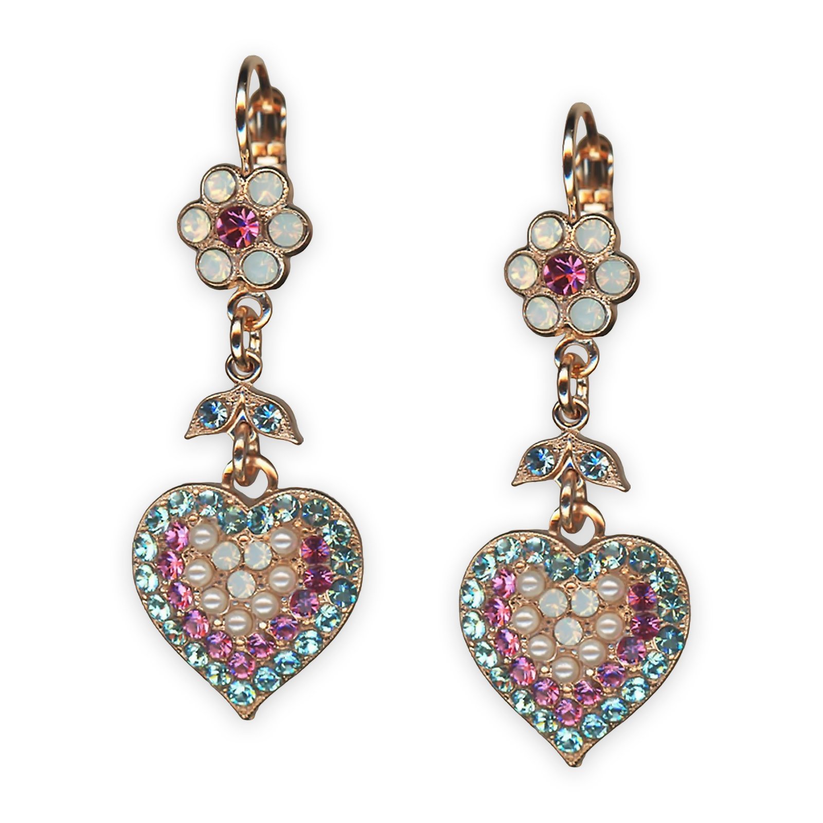 E-1007-7-1146-RG6 (1) Earrings by Mariana Banana Split Coll. Heart Dangling Aquamarine, Rose, Coated Pearl, & White Opal Austrian Crystals - Image 1