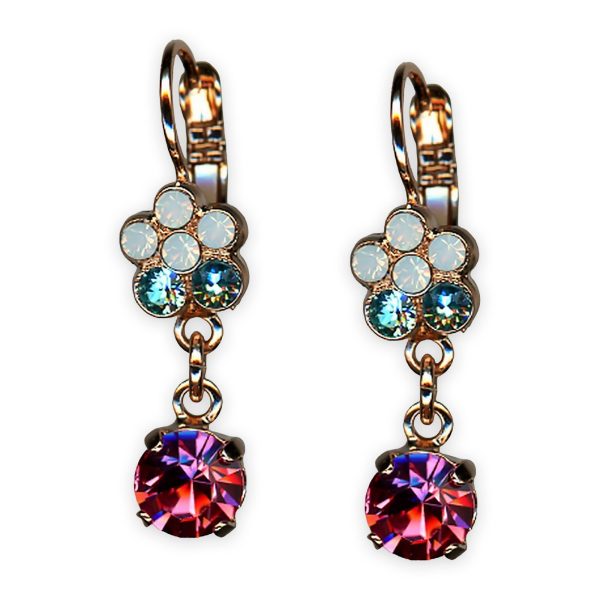 Earrings by Mariana Banana Split Coll. Dangling Floral Rose, White Opal, & Aquamarine Austrian Crystals