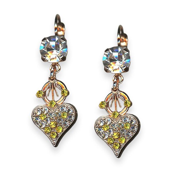 Earrings by Mariana Fields of Gold Coll. Heart Dangling Clear, Lt Yellow, & Moonlight Austrian Crystals