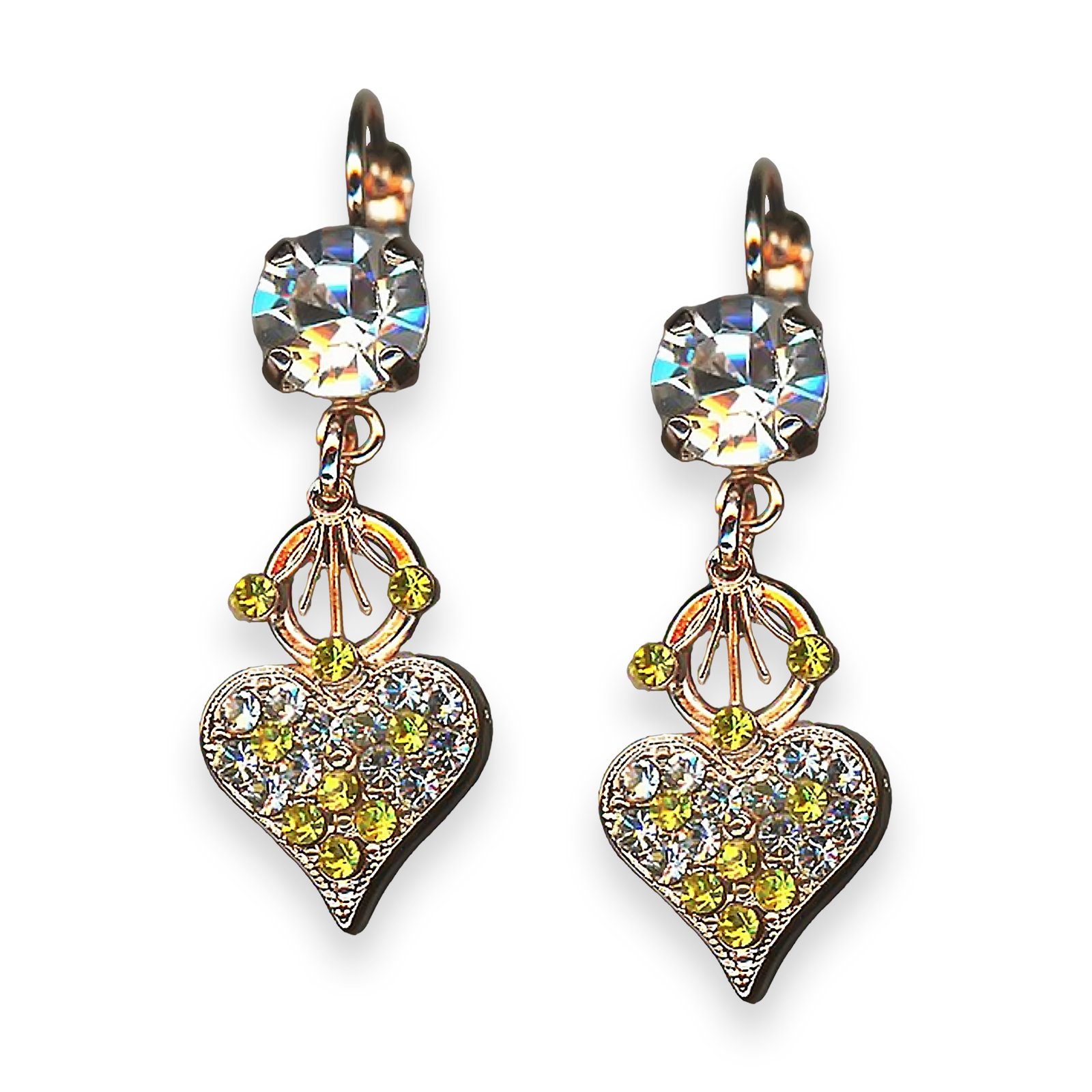 E-1172-1164-RG6 (1) Earrings by Mariana Fields of Gold Coll. Heart Dangling Clear, Lt Yellow, & Moonlight Austrian Crystals - Image 1