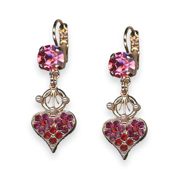 Earrings by Mariana Roxanne Coll. Heart Dangling Rose, Pearl, Fuchsia, & Siam Austrian Crystals