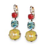 Earrings by Mariana Pretty Woman Coll. Triple Tier Siam, Aquamarine, & Sunshine Delight Austrian Crystals