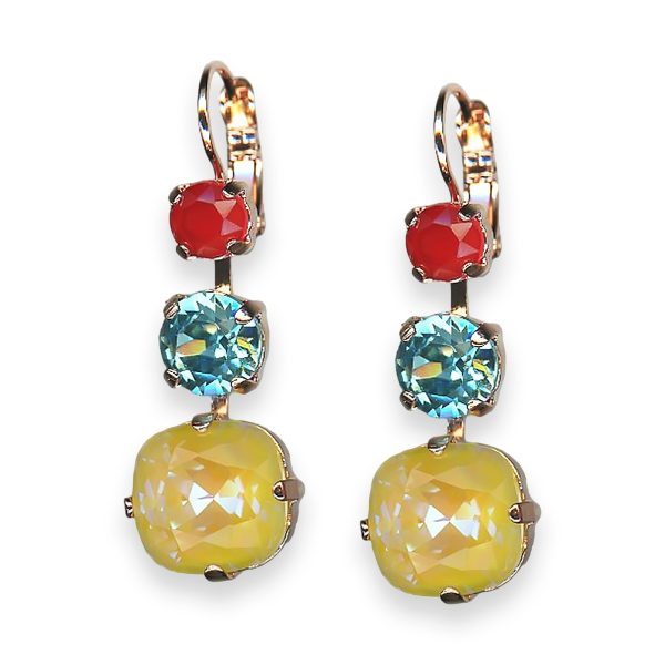 Earrings by Mariana Pretty Woman Coll. Triple Tier Siam, Aquamarine, & Sunshine Delight Austrian Crystals