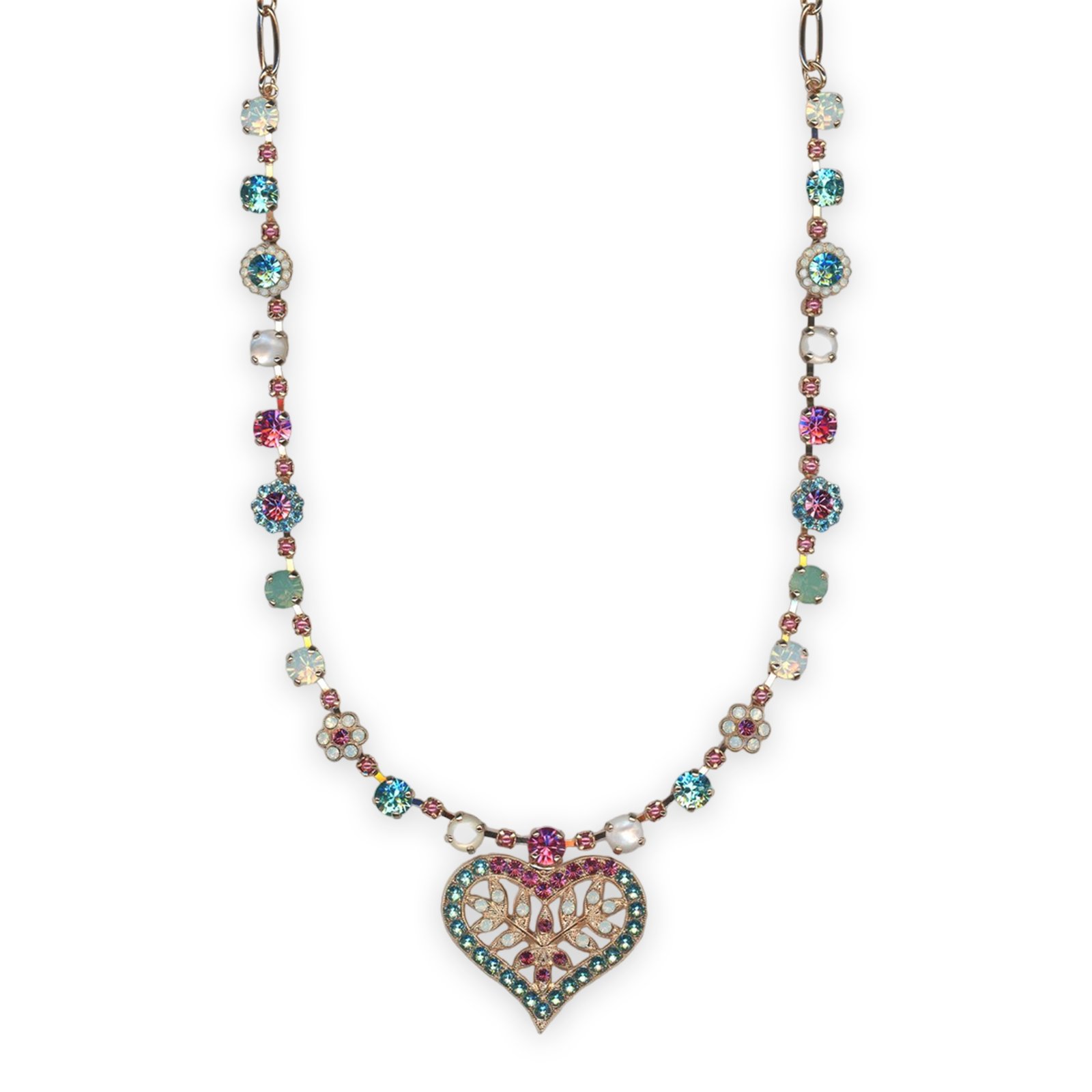 N-3173-3-M1146-RG (1) Necklace by Mariana Banana Split Coll. Heart Shaped White Shell Mineral, Aquamarine, White Opal, Pacific Opal, Rose, & Coated Pearl Austrian Crystals - Image 1