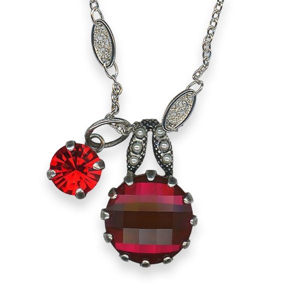 Necklace Pendant By Mariana Woman Fab Duo Fuchsia Siam and Pearl Swarovski Crystals