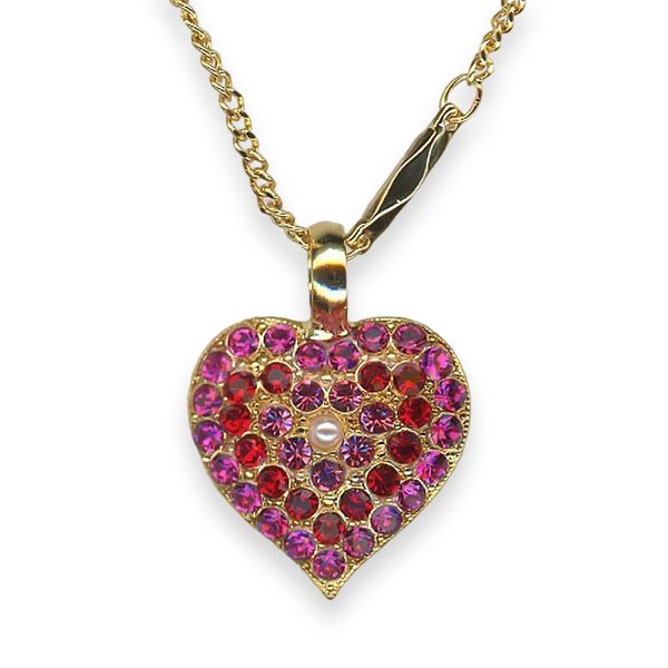 Necklace Pendant by Mariana Roxanne Coll. Heart Encrusted Fuchsia, Siam, Rose, & Pearl Austrian Crystals