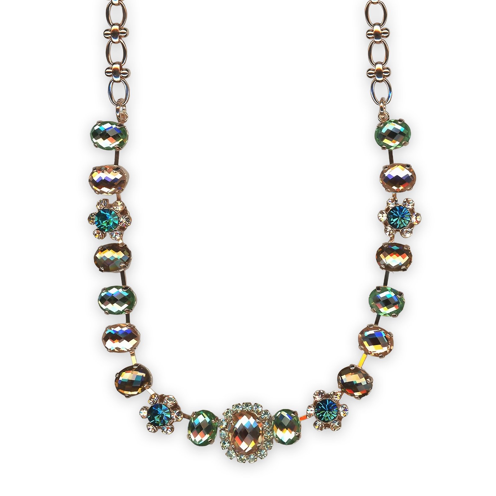 N-3090-4-1124-RG (1) Necklace by Mariana Monach Coll. Lovely Lt Green, Lt Peach, Golden Shadow, & Blue Zircon Austrian Crystals - Image 1