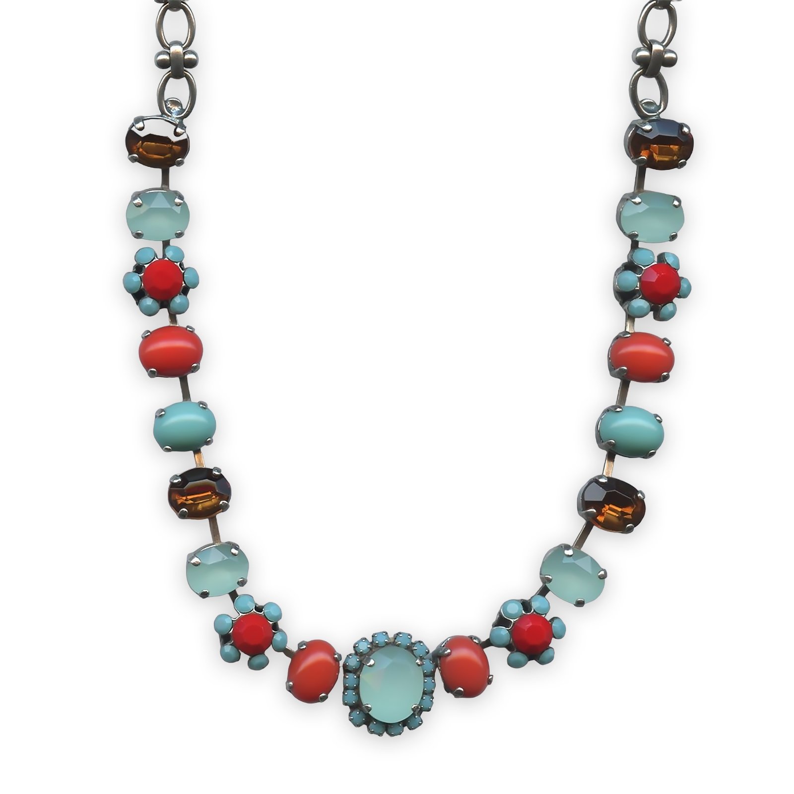 N-3090-4-3511-SP (1) Necklace by Mariana Moondrops Coll. Simply Elegant Turq, Smoked Topaz, Red Coral, Pacific Opal, & Coral Austrian Crystals - Image 1