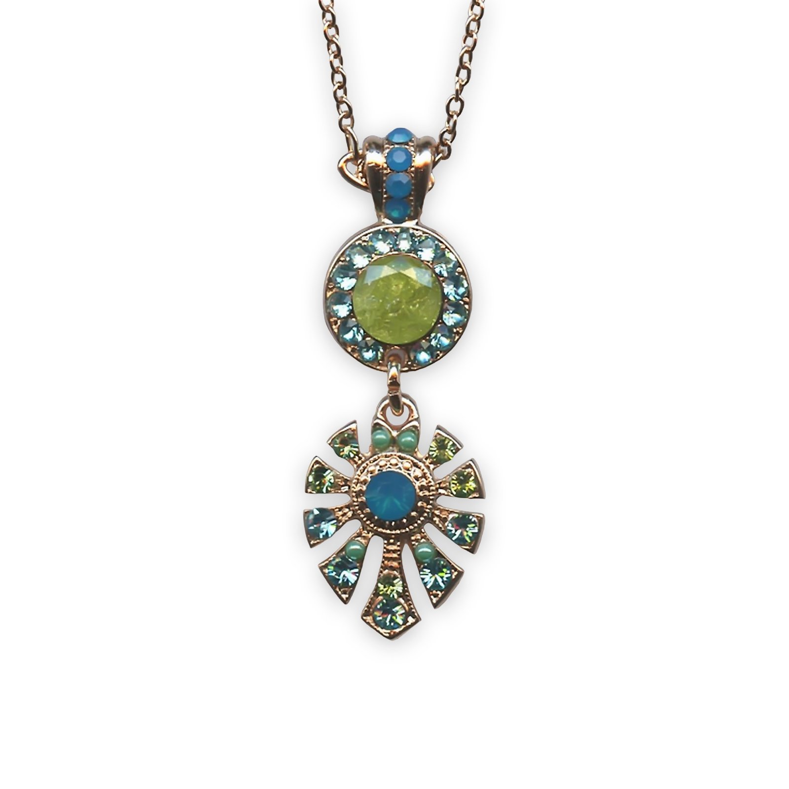 N-5514-3-1066-RG (1) Necklace Pendant by Mariana Caprioska Coll. Alluring Peridot Ice, Aquamarine, Olivine, & Caribbean Blue Opal Austrian Crystals - Image 1