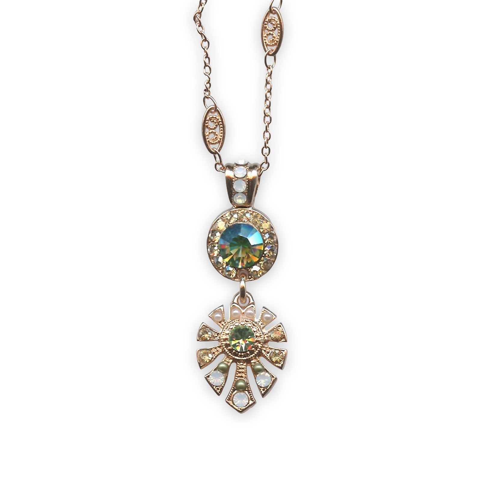 N-5514-3-627-YG (1) Necklace Pendant by Mariana My Treasures Coll. Fab Grass Green, Golden Shadow, White Opal, & Pearl Austrian Crystals - Image 1