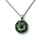 Necklace Pendant by Mariana Goldfinger Coll. Floral Dk Blue Pearl, Emerald, & Peridot AB Austrian Crystals
