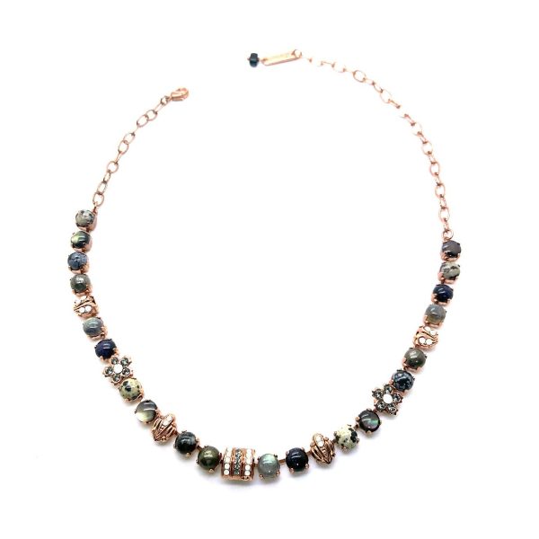 Necklace by Mariana My Treasures Coll. Elegant Snowflakes Obsidian, Dalmatian Jasper, Onyx, Blue Goldstone Mineral, Silver Night, & White Opal Swarovski Crystals