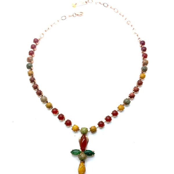 Necklace by Mariana My Treasures Coll. Stunning Jade, Yellow Jasper, Red Goldstone, Riverstone, Rhodonite Mineral Swarovski Crystals