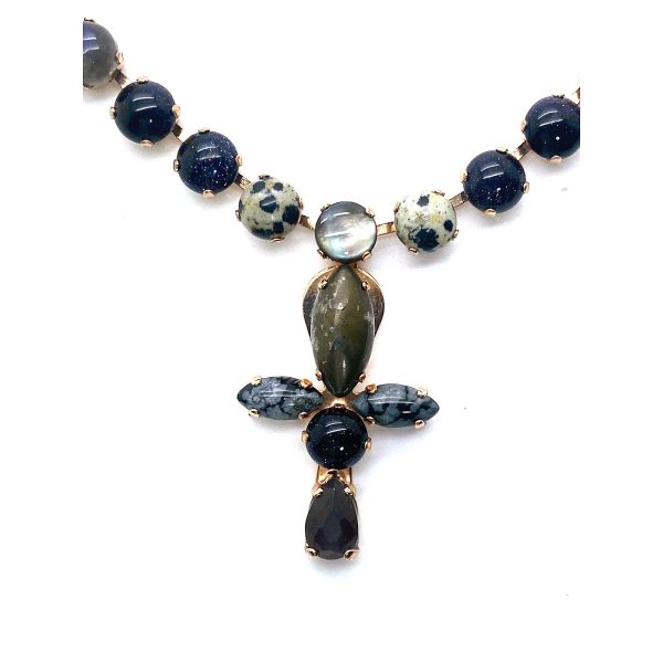 Necklace by Mariana My Treasures Coll. Gorgeous Dalmatian Jasper, Moonstone, Blue Goldstone, & Onyx Mineral Swarovski Crystals