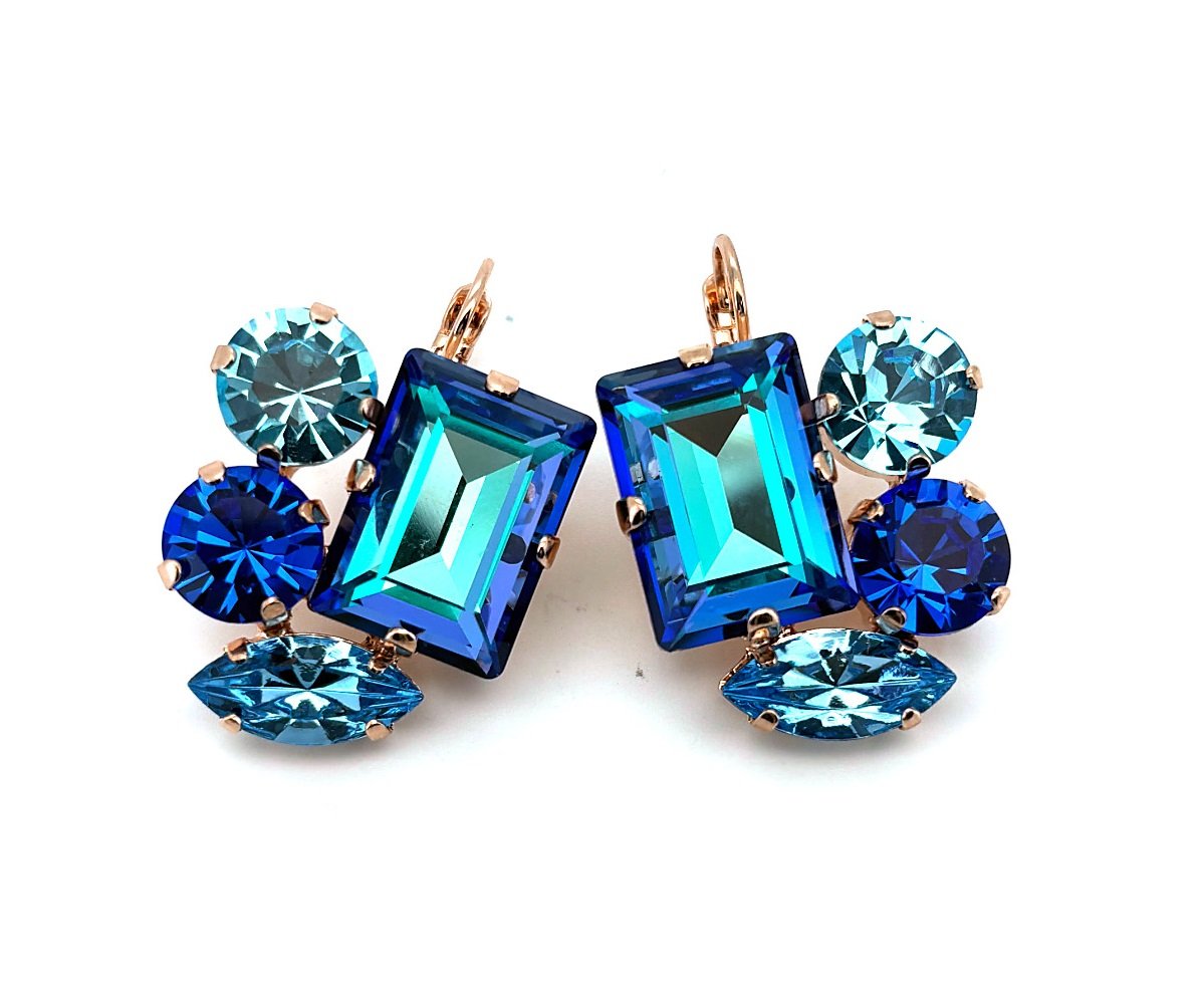 E-1529-30-50040-RG6 (3) Earrings By Mariana Woman Three shape Capri Blue and Aquamarine Swarovski Crystals - Image 1