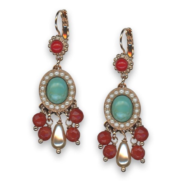 Earrings By Mariana Woman Stunning Turquoise Mineral and Rose Peach Swarovski Crystals