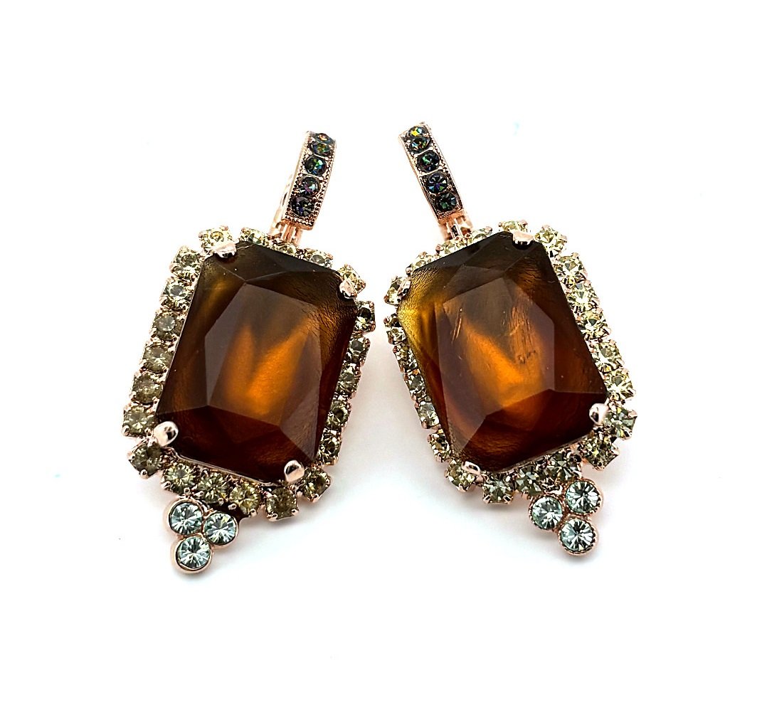 E-1411-1-3401-RG6 (1) Earrings by Mariana Woman Luxurious Dark Amber and Chrysolite Swarovski Crystals - Image 1
