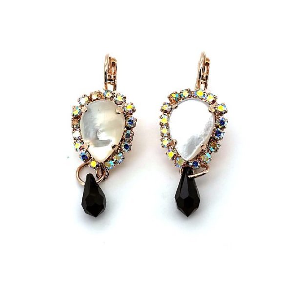 Earrings by Mariana Woman Elegant White Shell Mineral and Jet Swarovski Crystals