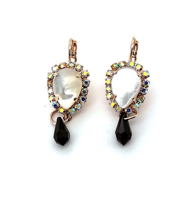 E-1032-12-M87280-RG6 (1) Earrings by Mariana Woman Elegant White Shell Mineral and Jet Swarovski Crystals - Image 1