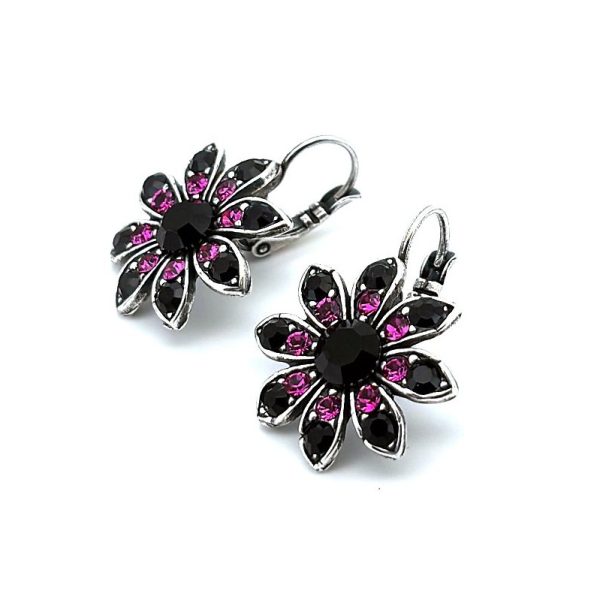 Earrings By Mariana Woman Flower Shape Jet Black and Fuchsia Swarovski Crystals