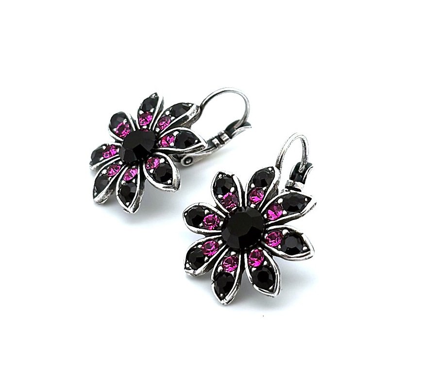 E-1346-502280-SP6 (3) Earrings By Mariana Woman Flower Shape Jet Black and Fuchsia Swarovski Crystals - Image 1