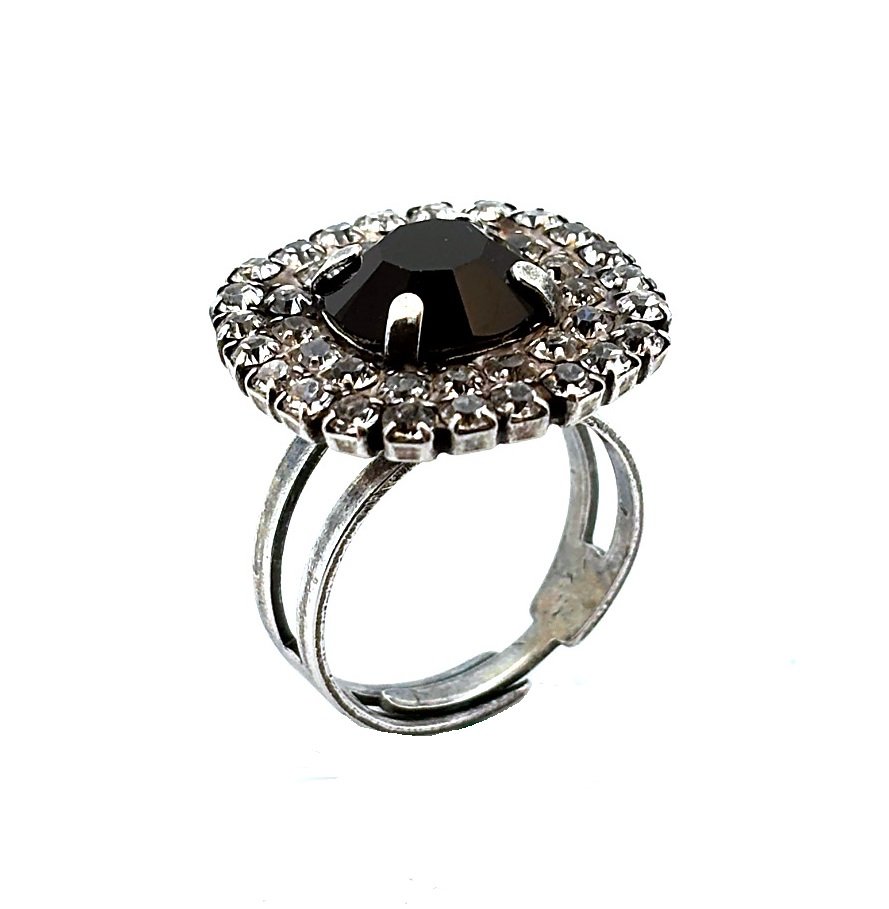 R-7137-11-37011-SP (1) Ring by Mariana Woman Elegant Jet and Clear Swarovski Crystals - Image 1