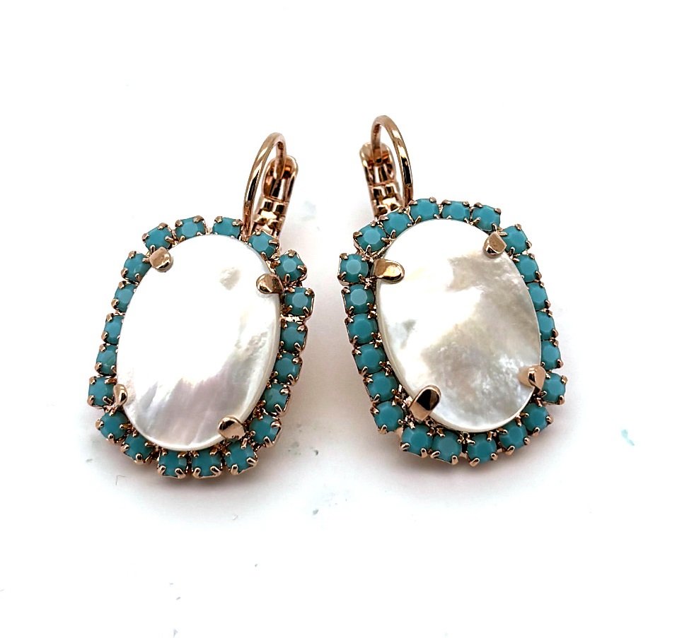 E-1090-1-M4006-RG6 (1) Earrings by Mariana Woman Precious White Shell Mineral and Turquoise Swarovski Crystals - Image 1