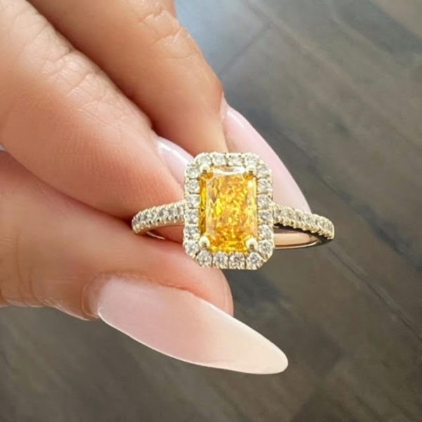 Lab-Created Diamond Ring, 1.20 Carat Fancy Yellow Intense VS2 Radiant Cut in 14K Gold